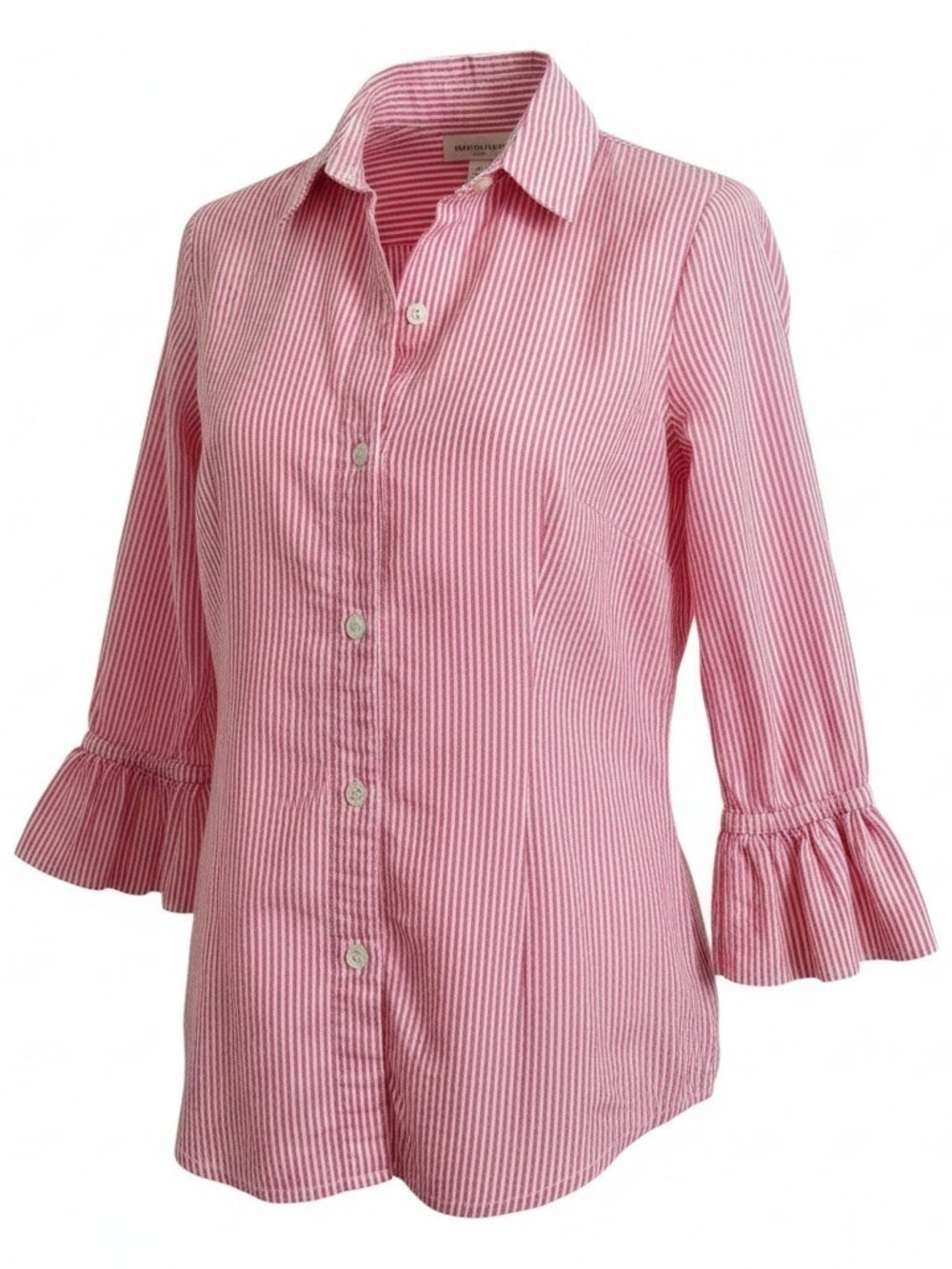 Gretchen Scott Pink White Striped Ruffle Sleeve Button Down Shirt Top Medium